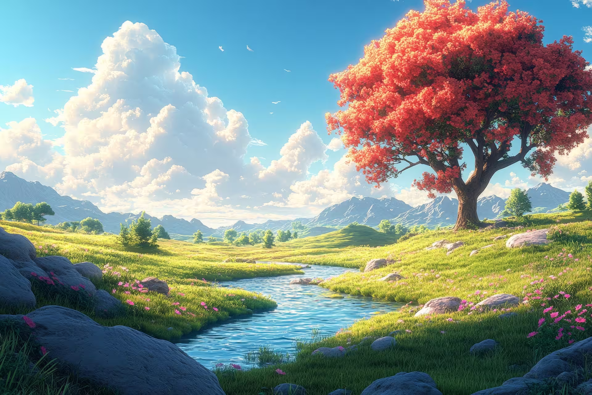 Beautiful landscape with autumn tree and mountains